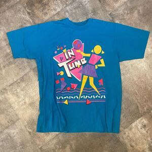 vintage hanes in tune blue pink and yellow 70s groovy graphic tshirt size large